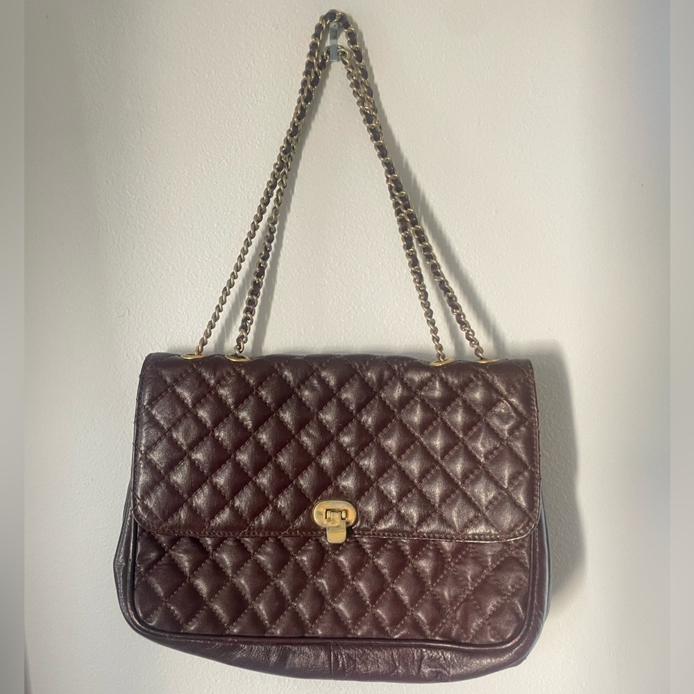 Vintage rare quilted leather CASA LOPEZ Deep Burgundy handbag w/Brass Hardware